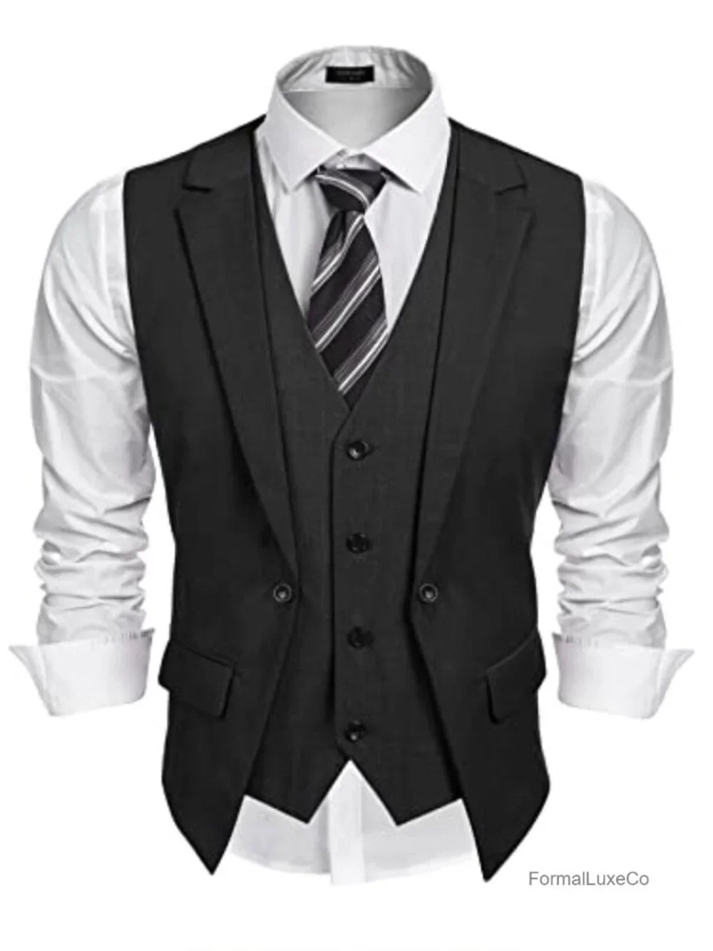 Men's Double Layer Suit Vest Wedding Waistcoat Slim Fit with Pockets